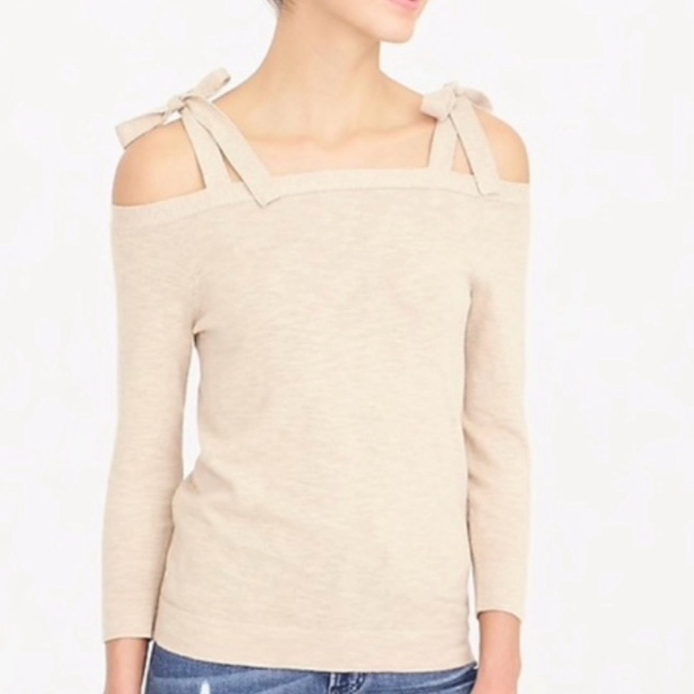 J. Crew Beige Knit Cold Tie Shoulder Sweater Size Large 3/4 Sleeve